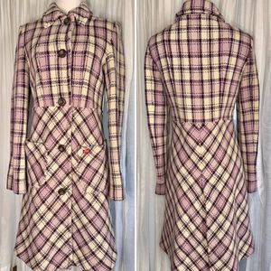 MISS SIXTY Plaid Wool Long Lined Button Down Coat Size L Made in Italy (Bx 21)